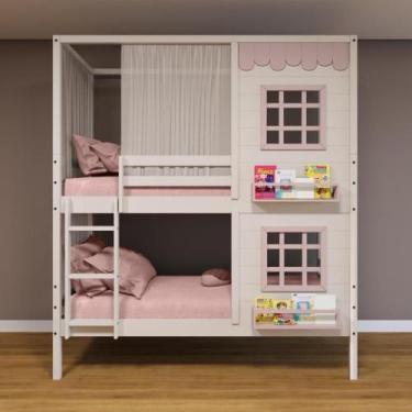 Imagem de Beliche Casinha 2 Janelas Cortina Madeira Branco-Rosa - Housin