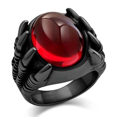 Imagem de Hoyazvet Anel masculino de aço inoxidável com garra de dragão - estilo motociclista gótico com acabamento em ouro preto/18K, pedra preciosa vermelha/preta, joia punk com sinete de pedra de cristal