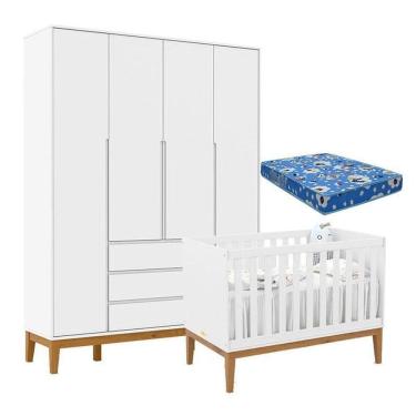 Imagem de Berço Americano Unique E Guarda Roupa 4 Portas Nature Clean Branco Soft Eco Wood E Colchão Ortobom – Matic
