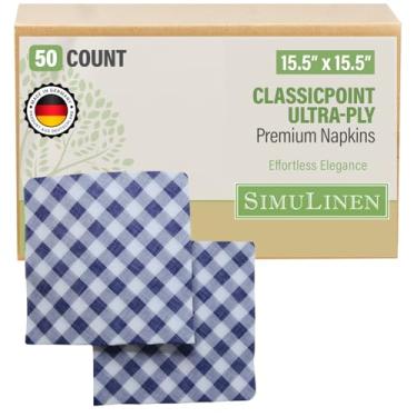 Imagem de SimuLinen Guardanapos de papel descartáveis ClassicPoint Blue Gingham – Guardanapos de papel do dia a dia e guardanapos biodegradáveis, para festas, piqueniques, guardanapos de churrasco, almoços e