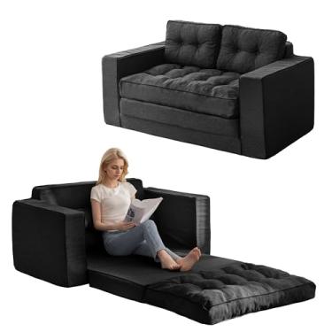 Imagem de YOSHOOT Sofá-cama Loveseat, sofá-cama conversível de 139,7 cm para sala de estar, sofá 3 em 1 com encosto e travesseiros, preto