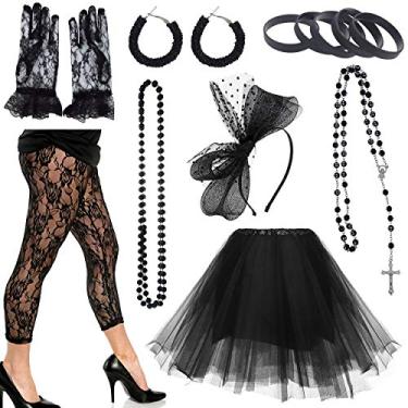 Imagem de CSG Acessórios de fantasia de diva pop dos anos 80 para mulheres, roupa de festa de Madonna (estilo B-preto), Estilo B preto, One Size