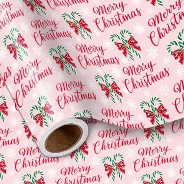 Imagem de LeZakaa Rolo de papel de embrulho de Natal com laço rosa, design de bengala doce, para Natal, férias de inverno, meninas, crianças, doces, mini rolo de 43 x 16,4 pés