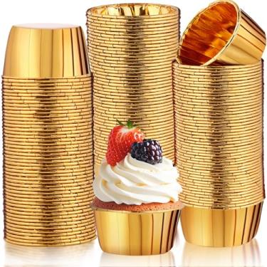 Imagem de CACASO Pacote com 300 copos de cupcake dourados, forros de muffin descartáveis de 100 ml, mini forros de cupcake metálicos para assar, suportes de ramekin de alumínio para festa de aniversário