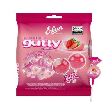 Imagem de Pirulito Erlan Gutty Morango Recheado 480g
