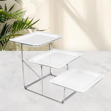 Imagem de EI Conjunto de pratos retangulares de 3 camadas com suporte de metal, branco para festa, bandeja de servir, travessas à prova de rachaduras de 32 cm para servir alimentos, bandejas brancas