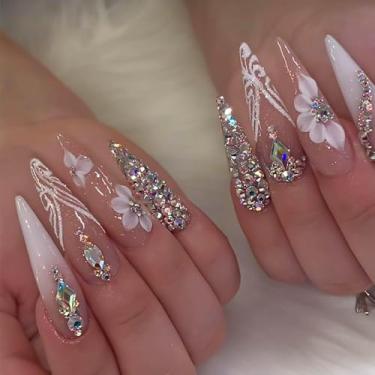Imagem de RUOKEXIN Unhas postiças longas em forma de estileto, unhas postiças feitas à mão com designs de strass, cola ombré branca nas unhas com glitter, unhas artificiais de luxo, 24 peças
