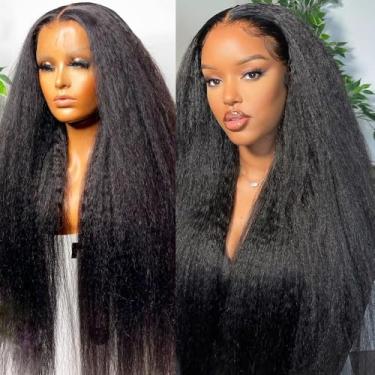 Imagem de Peruca de cabelo humano Kinky Straight Lace Front de 81 cm para mulheres negras com 180% de densidade HD, perucas frontais de renda, cor natural