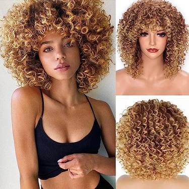 Imagem de Sabosi Perucas cacheadas loiras afro para mulheres negras, peruca loira crespo com franja cabelo sintético resistente ao calor para uso diário