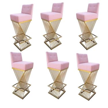 Imagem de Kit 06 Banquetas Luma Base De Ferro Sued Rosa Bebê D'classe Decor