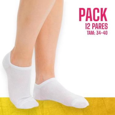 Imagem de Kit 12 Pares Meia Algodão Soquete Cano Baixo Feminina Branca Preta 34-