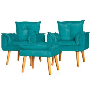 Imagem de Kit 2 Poltronas Para Sala Decorativa e Puff Opala Suede Verde Água - C