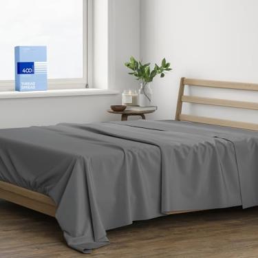 Imagem de THREAD SPREAD Lençol de cima California King 100% algodão – lençol de cima California King de 400 fios apenas (1 peça, cinza escuro), macio e sedoso, resfriamento, tecido de cetim, lençóis de cima de