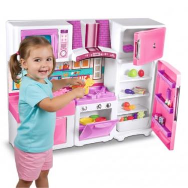 Imagem de Cozinha Infantil Completa com Fogão, Forno, Micro-ondas, Geladeira e Pia – Rosa e Branca – Brinquedo Educativo com Acessórios
