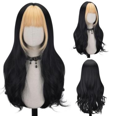 Imagem de FREE BEAUTY Peruca preta com franja para mulheres, perucas longas pretas onduladas de 66 cm, perucas pretas naturais, aparência natural, resistente ao calor, peruca sintética para uso diário em festas