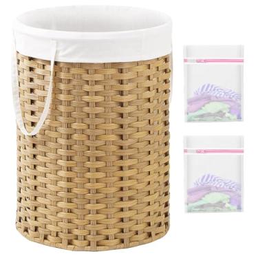 Imagem de SETVSON Cesto de lavanderia redondo de vime de vime de vime com alças, cesto de vime com sacos removíveis e 2 sacos de malha para banheiro, sala de estar, natural
