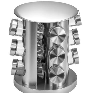 Imagem de Porta Temperos Giratório Inox com 12 Potes de Vidro Organizadores de Condimentos Cozinha