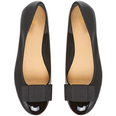 Imagem de MOOMMO Sapatos De Salto Grosso Preto Com Laço, Bico Redondo Fechado, Sem Cadarço, Baixo, Quadrado, Couro Envernizado, Formal, Para Escritório, Mulheres, Elegante, Casamento, Dança, Tamanho 8.5