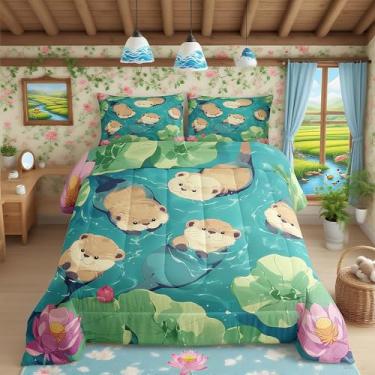 Imagem de Jogo de cama Queen com desenho de lontra, flores e folhas de lótus, edredom floral, animais fofos, planta, edredom para quarto, verde e marrom, 2 fronhas