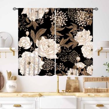 Imagem de Cortinas florais pretas, boho ouro preto flores góticas primavera retro country plantas cortinas de janela para cozinha, quarto, sala de estar, banheiro, 2 painéis, 139 x 99 centímetros