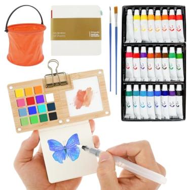 Imagem de DJAPWPX - Conjunto de mini tinta aquarela portátil para viagem de artista de bolso com 24 tintas coloridas, conjunto criativo de tinta aquarela minúsculo para uso interno e externo