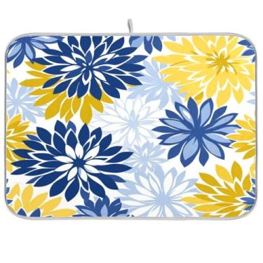 Imagem de Tapetes florais azuis e amarelos para cozinha 40,6 x 45,7 cm, absorventes de plantas, laváveis, pastilha de secagem rápida para balcão de cozinha