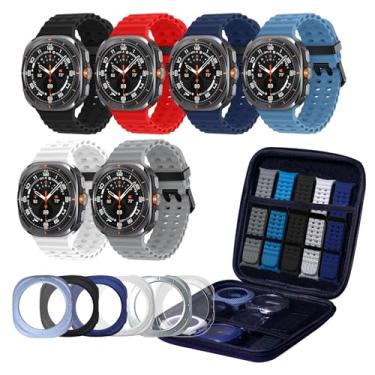 Imagem de Pacote com 6 pulseiras de silicone marinho para Samsung Galaxy Watch Ultra de 47 mm masculino/feminino, com 6 capas protetoras e bolsa de armazenamento, pulseira esportiva macia à prova d'água
