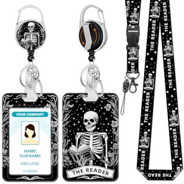 Imagem de Hancynir Cordão de livro gótico para crachás de identificação, suporte de crachá floral de esqueleto de caveira engraçado com clipe de carretel retrátil, chaveiro de nome de trabalho com suporte de