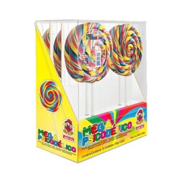 Imagem de Mega Psicodélico, Pirulito Gigante Colorido, Sabor Tutti-Frutti, 12 Unidades, 80g Cada, 9cm x 11cm