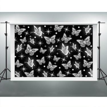 Imagem de VIDMOT Pano de fundo do início dos anos 2000, borboleta preta com glitter, fundos de fotografia de festa dos anos 2000, decoração de festa de aniversário vintage de 1,5 x 0,9 m, decoração de festa de