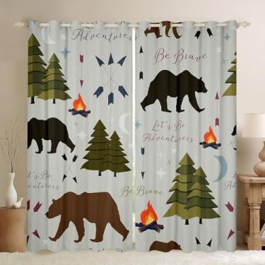Imagem de Cortina de janela Happy Camping Hunt Bear Pine Trees para crianças, meninos, homens, adultos, decoração de quarto de cabine, flecha, desenho animado, cortina de tratamento de janela, aventura selvagem