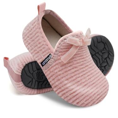 Imagem de WateLves Pantufas infantis para meninas e meninos, sapatos para casa, leves, antiderrapantes, para inverno, ambientes internos e externos, sapatos de caminhada, Laço rosa, 9.5-10 Toddler