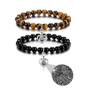 Imagem de Jovivi 2 pulseiras de coração combinando para casais cristais de cura preto obsidiana olho de tigres pulseira com contas I Love You, joias presentes de aniversário de dia dos namorados para namorada e