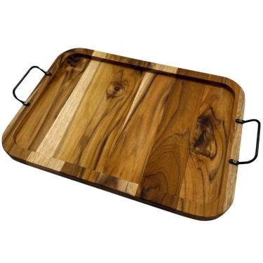 Imagem de Bandeja Retangular De Madeira Teca Com Alça Para Servir