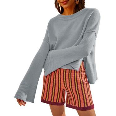 Imagem de Suéter feminino TAQCUX, gola redonda, manga estilo sino, cinza, tamanh