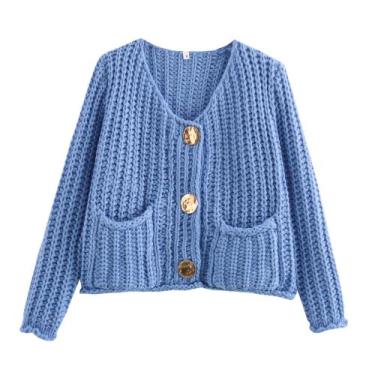 Imagem de Cardigã Chevara Cropped Knit feminino azul de manga comprida S