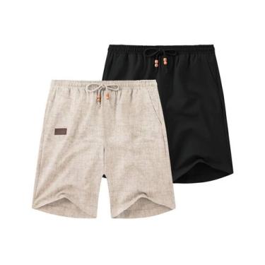 Imagem de Shorts masculinos COOFANDY, linho, casual, elástico, cáqui/preto