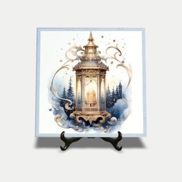 Imagem de Quadro em azulejo 15x15cm Natal lampião lamparina dourada 25EI