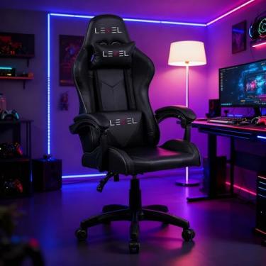 Imagem de Cadeira Gamer Level LV-C01DN Reclinável Até 100kg, Ergonômica, Ajuste de Altura, Apoios Lombar e Cervical, Conforto para Longas Sessões (PRETO)