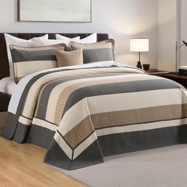 Imagem de DDUOXIN Colchas Super King de 3 peças 304,8 x 304,8 cm - Colcha King extragrande 100% algodão com 2 fronhas, conjunto de colcha de cama listrada leve para fazenda, marrom carvão/acinzentado/bege