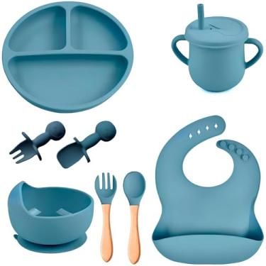 Imagem de Kit Introdução Alimentar Bebê 8 Peças Prato + Bowl Babador Copo + Tampa com Canudo + 2 Talheres + 2 Talheres Ponta Silicone Cabo de Madeira 100% Silicone Antitóxico Premium (Azul Celeste)