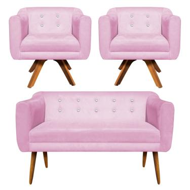 Imagem de Kit 01 Namoradeira 02 Lugares e 02 Poltronas Giratória Julia Suede Rosa Bebê com Strass Base Madeira MM30 D'Rossi