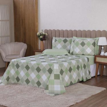 Imagem de Jogo de Lençol Beatriz Solteiro 3 Peças Percal 180 Fios 100% Algodão Ponto Palito - Verde Xadrez