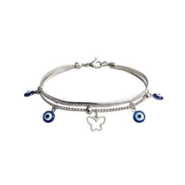 Imagem de Pulseira de Aço Inoxidável feminina borboleta e Olho Grego - presente feminino - joias para mulheres