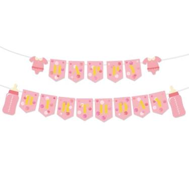 Imagem de Faixa de Aniversário Bebê Rosa, Faixa Feliz Aniversário Pré-Enfiada Placa Pendurada para Meninas Lembrancinhas Festa Boas-Vindas para Chá Bebê e Suprimentos Decoração