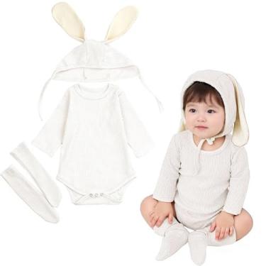 Imagem de Conjunto de macacão de coelho para meninos e meninas recém-nascidos com chapéu de coelho, 0 a 24 meses, Branco - 3 peças (ajuste solto), 12-18 Months