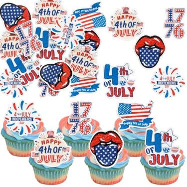 Imagem de Ephlyn 54Pcs Edible Happy Independence Day Cupcake Toppers Wafer Paper 4th of July American National Day Cake Toppers USA Cupcake Picks for Patriotic Theme Party Supplies Blue