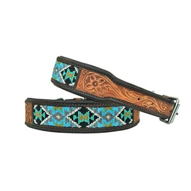 Imagem de Coleira de couro para cães, tamanho grande, estilo ocidental, resistente, trabalhada à mão, ajustável, com contas e acolchoada, macia para filhotes e cachorros grandes 10AB026-L