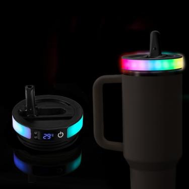 Imagem de Tampa Palhinha LED Colorido para Copo Stanley Quencher H2.0/ProTour 1200ml, Tampa Copo com 12 Modos Luz Flash e Visor com Sensor Temperatura para Acessórios Stanley (Preto)