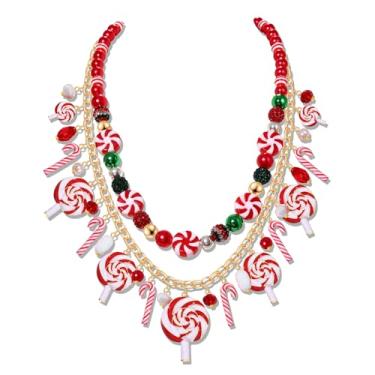 Imagem de HSWE Colar em camadas de Natal para mulheres, contas de argila douradas vermelhas e verdes, árvore de Natal, floco de neve, bengala doce, pirulito, boneco de neve, pingente de rena, colar gargantilha